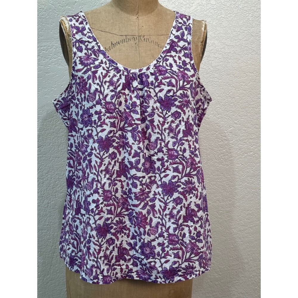 J. Jill Womens Large Petite Purple Floral Cotton Sleeveless Tank Top Blouse
